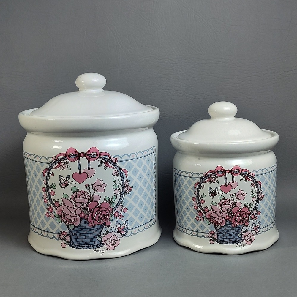 Vintage Cottagecore Hearts & Roses Canister Set Trenditions Taiwan‎ Set/2 Basket